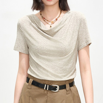 【佧】慵懒风荡领短袖T恤女夏季亲肤修身舒适上衣X04BTW2377