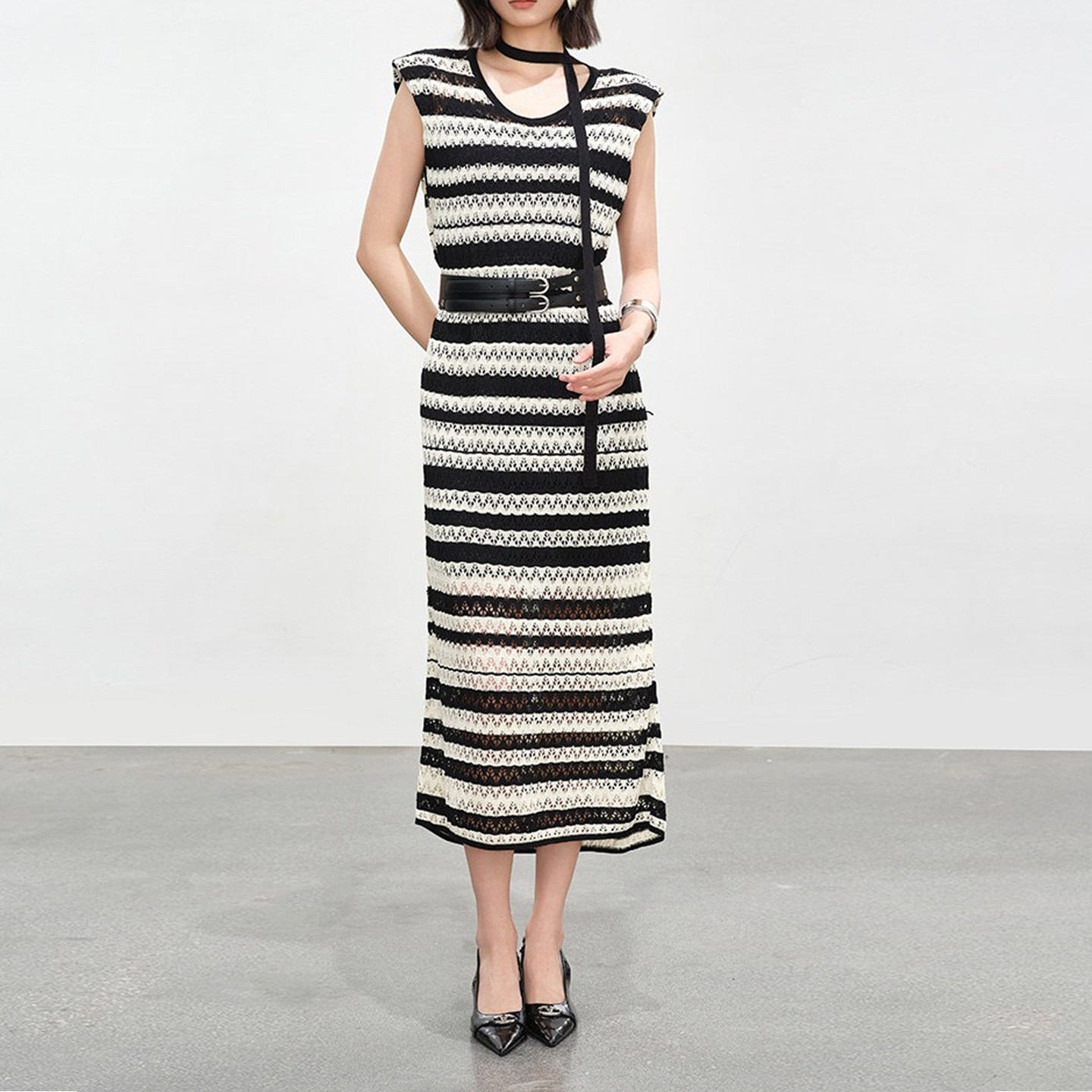 【佧】针织条纹连衣裙女夏撞色镂空肌理感中长款腰带X04ALW2846