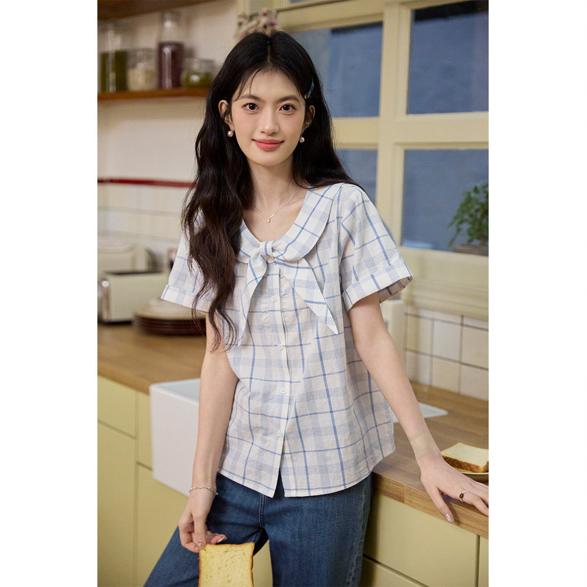 弥古海军风短袖格子衬衫上衣女2026年春季新款宽松绑带蝴蝶结衬衣