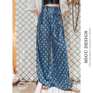 高腰阔腿裤 花裤 女夏垂感薄款 沙滩裤 子 波西米亚宽腿裤 弥古雪纺长裤