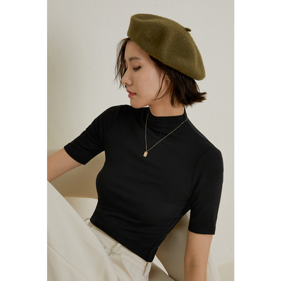弥古黑色短袖t恤薄款针织衫2025新款春季上衣半高领打底衫高级感