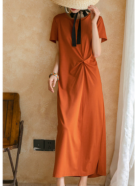 弥古针织橙色短袖连衣裙宽松过膝懒人t恤裙长款长裙女夏2026新款