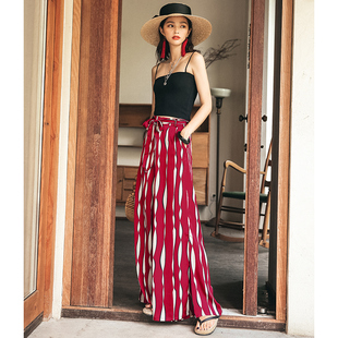 沙滩长裤 女夏印花拖地裙裤 薄款 弥古红色高腰波西米亚民族风阔腿裤