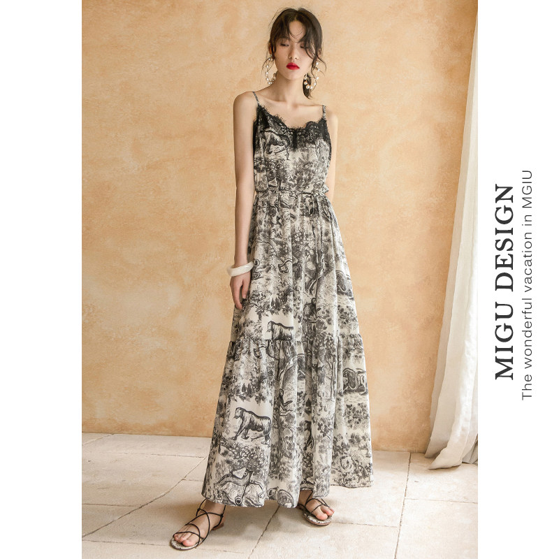 弥古法式蕾丝雪纺吊带连衣裙女长裙薄款裙子沙滩裙长款夏季茶歇裙