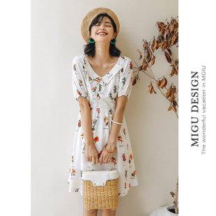 弥古短袖 娃娃领裙子小个子短裙 白色雪纺复古碎花连衣裙女夏泡泡袖