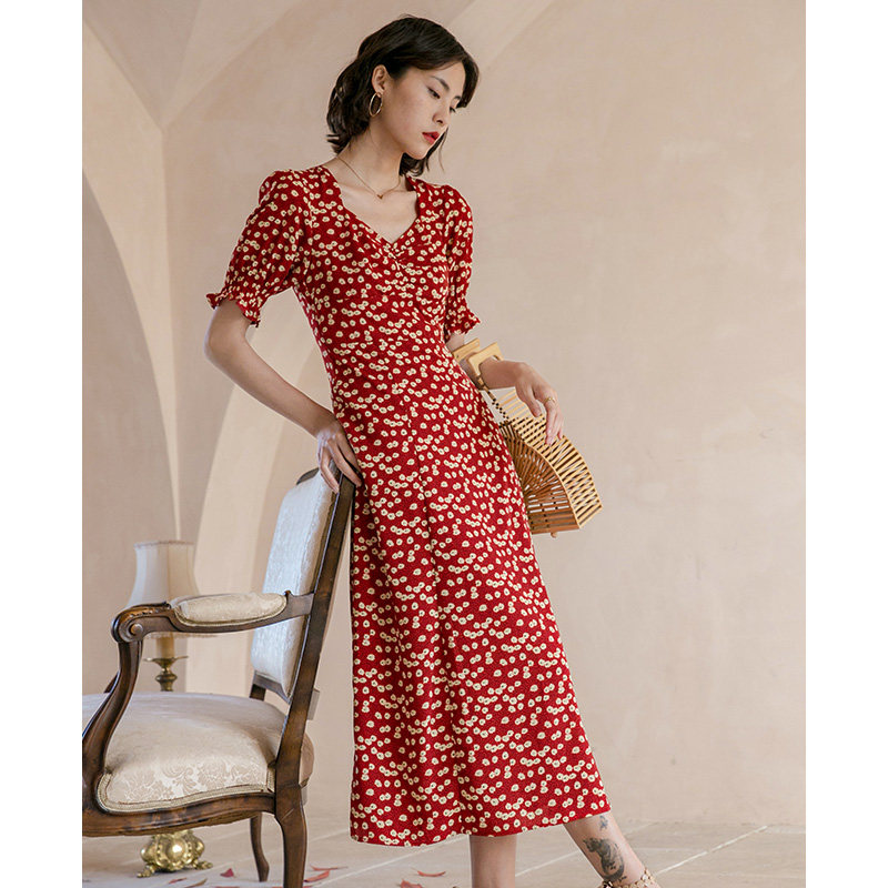弥古法式红色碎花连衣裙女夏季薄款裙子中长款开叉方领雪纺茶歇裙
