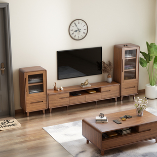 胡桃色钢化玻璃电视边柜家用现代简约中式 边柜斗柜小户型客厅卧室