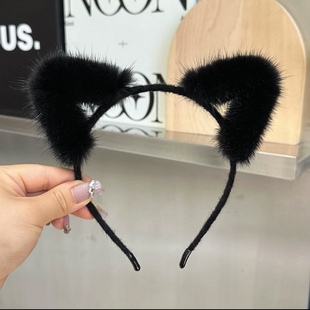 洗脸发箍女真水貂毛毛猫耳朵发饰网红可爱毛绒头饰少女发卡头箍