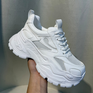 8cm真皮老爹鞋女2026夏季厚底增高透气网面白色休闲鞋网纱小白鞋