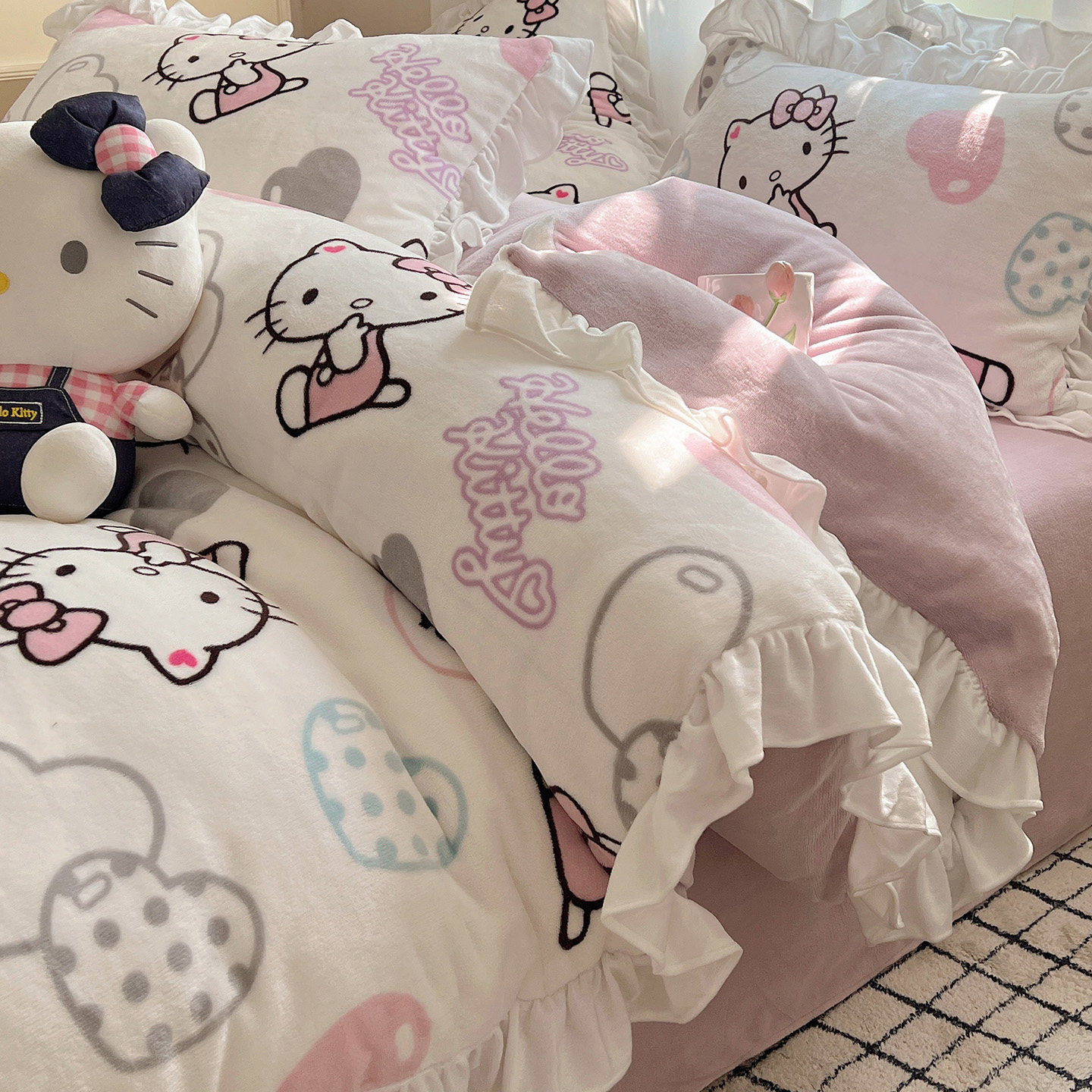 少女心凯蒂猫牛奶绒床上四件套冬季三丽鸥加厚毛绒被套三件套女孩