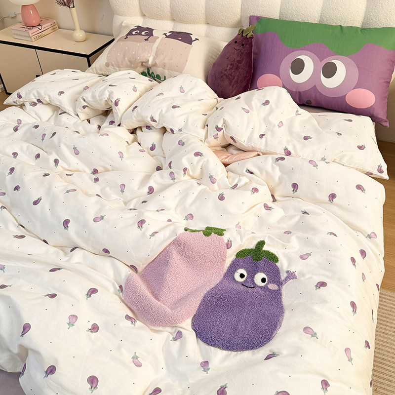 ins小清新100全棉毛巾绣床上四件套卡通纯棉宿舍被套床单人三件套