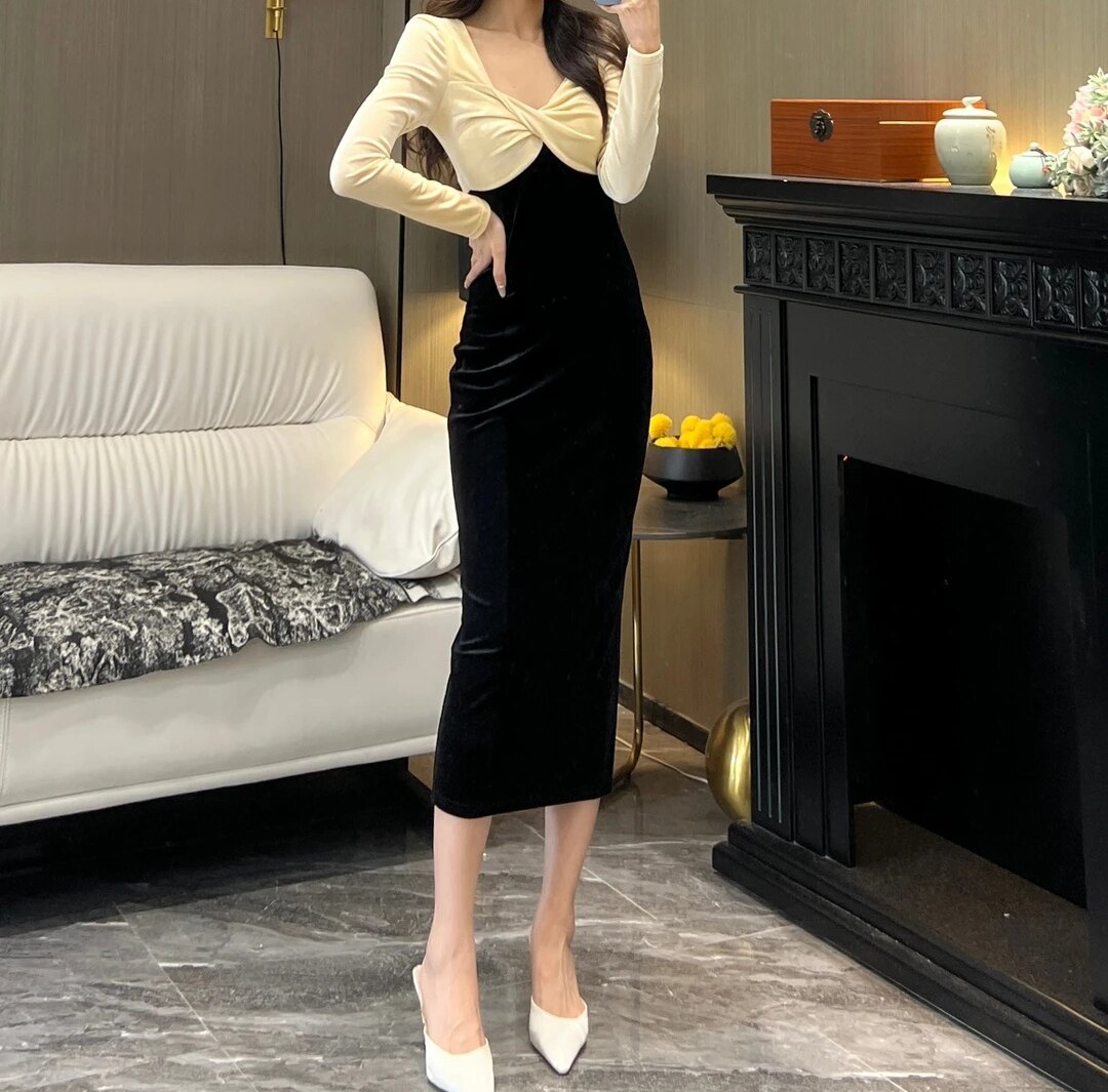 气质女人味轻奢方领纯色撞色拼接显瘦包身时尚百搭丝绒鱼尾连衣裙