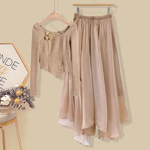 春季新款氛围感套装干枯玫瑰长袖亮面上衣+不规则半身纱裙两件套