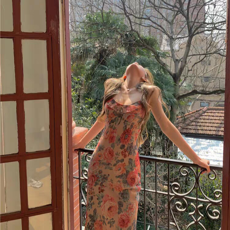 海边沙滩裙超仙暗香浮动显白仙美复古性感碎花度假连衣裙吊带长裙