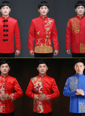 男士唐装上衣大码修身中式主持人礼服中国风红色中山装拜年演出服
