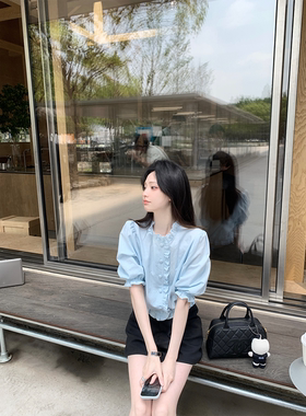 珍珍家 浮绣海贝法式木耳花边领五分袖清甜衬衫温柔百搭夏季新款