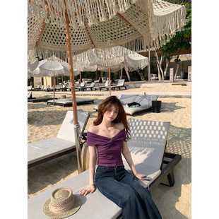 Zzhen珍珍 高阶温柔扭结褶皱蝴蝶结短袖上衣显瘦一字肩纯欲V领T恤