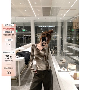 Zzhen珍珍 上衣 拿捏不同场景V领显瘦磨毛保暖百搭条纹T恤长袖