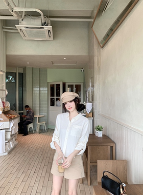 珍珍家智感reaction侧摆弧形设计短款气质显瘦亚麻衬衫通勤上衣女