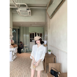 珍珍家智感reaction侧摆弧形设计短款气质显瘦亚麻衬衫通勤上衣女