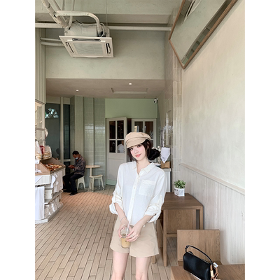 珍珍家智感reaction侧摆弧形设计短款气质显瘦亚麻衬衫通勤上衣女