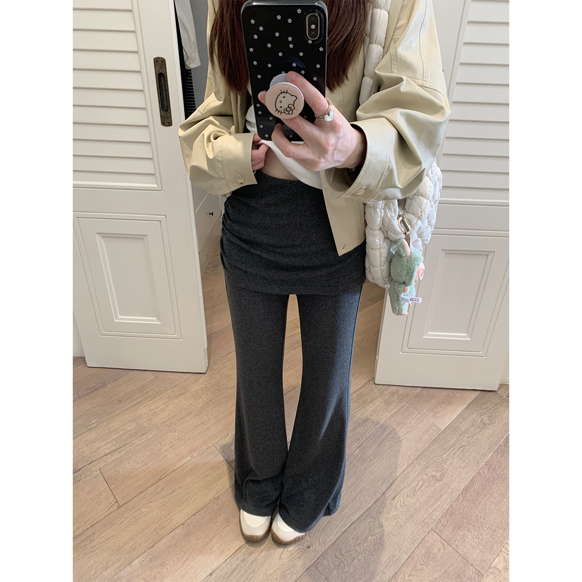 Zzhen 休闲chill舒适抽皱设计感屁帘裙裤高腰显瘦时髦修身微喇裤