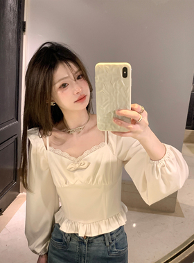 珍珍家宫廷风露肩花边仿醋酸缎方领衬衫泡泡袖收腰显瘦可两穿上衣
