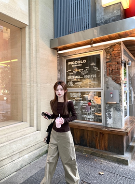 珍珍家罗马日光美肩滤镜斜肩长袖打底显瘦上衣露肩T恤秋季新款女