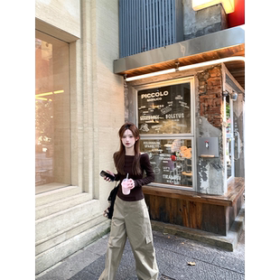 珍珍家罗马日光美肩滤镜斜肩长袖打底显瘦上衣露肩T恤秋季新款女