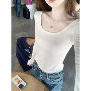 珍珍家私有舒适线百搭U领显瘦长袖 软糯休闲上衣内搭T恤女 打底秋季