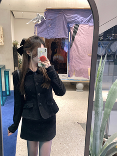 珍珍家新贵赫本风灯芯绒针织收腰外套半裙套装 气质翻领上衣两件套