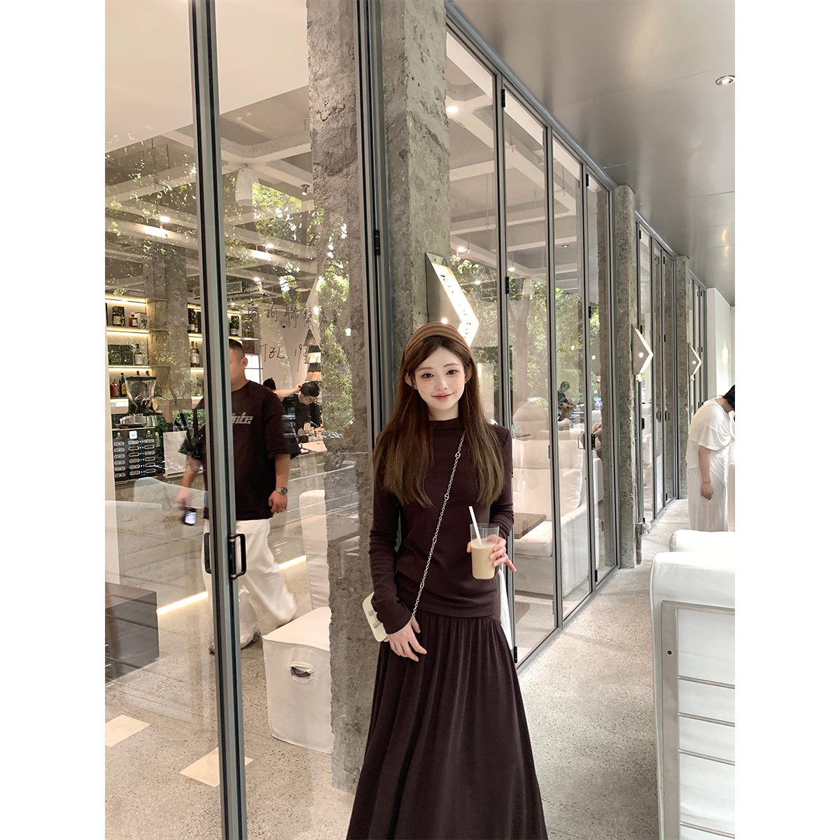 珍珍家 柔软高弹松弛感半高领打底长款半身裙套组韩系温柔两件套