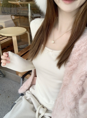 珍珍家纯欲又温柔小U领双面磨毛上衣蝴蝶结打底T高弹百搭新款内搭