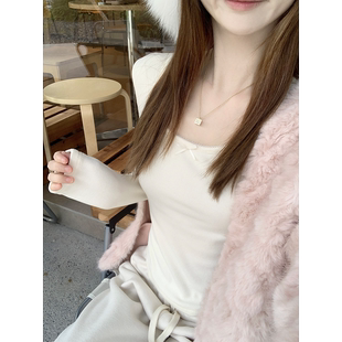 珍珍家纯欲又温柔小U领双面磨毛上衣蝴蝶结打底T高弹百搭新款 内搭