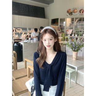 新款 女 风桑蚕丝绵羊毛混纺轻薄绑带海军领减龄针织衫 珍珍家海滨季