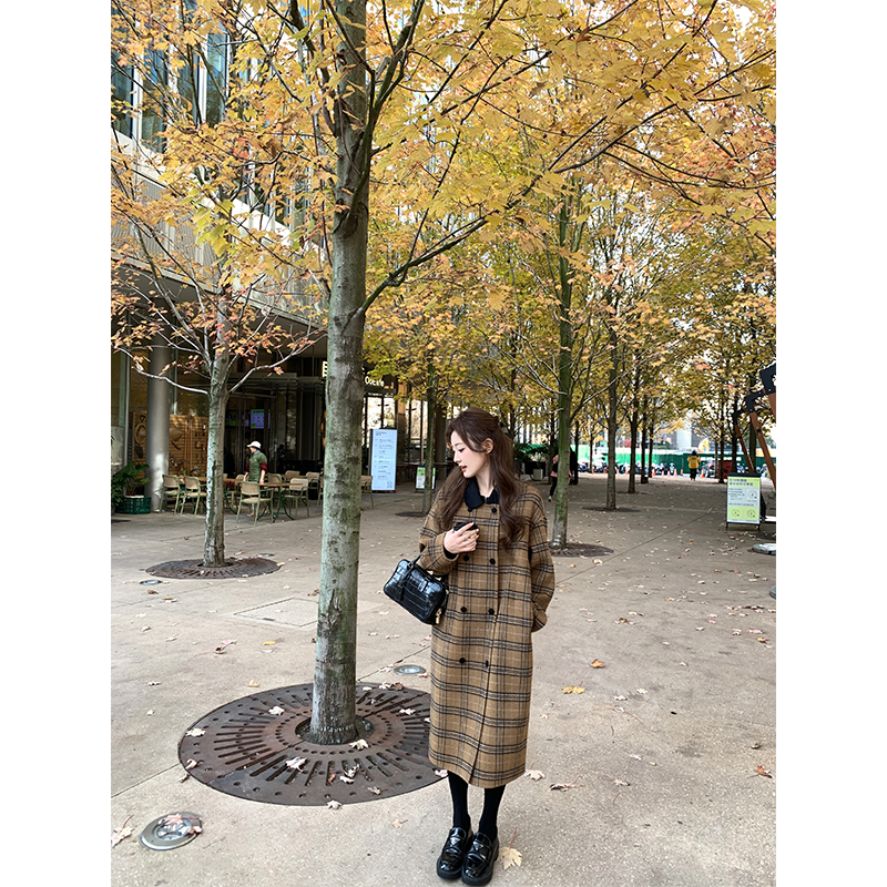 珍珍家韩剧大女主vintage格子双面呢长款羊毛大衣撞色翻领呢外套