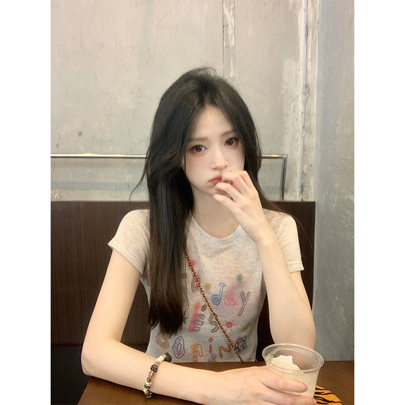 珍珍家鲁米诺少女甜美显瘦彩纱圈圈肌理感正肩彩彩T修身短袖上衣