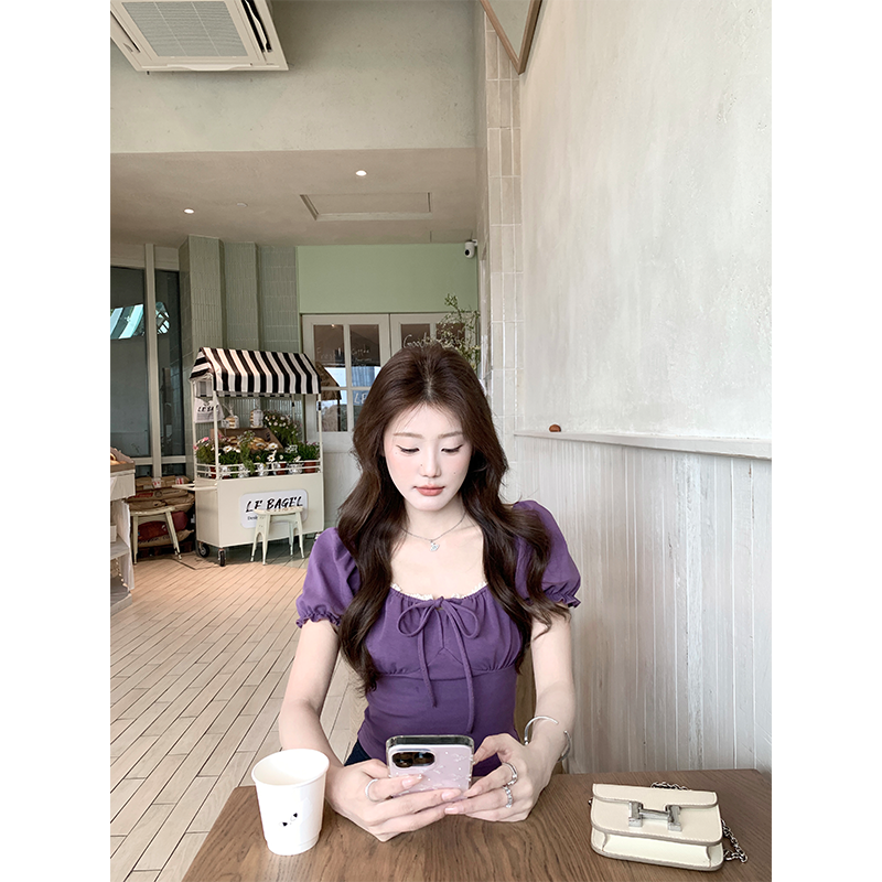珍珍家泽西岛玫瑰温柔明媚蕾丝方领花苞袖短款上衣一字肩气质新款