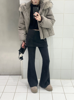 Zzhen珍珍 百搭神裤设计感屁帘加绒微喇裤假两件深灰色休闲裤