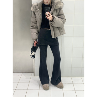 Zzhen珍珍 百搭神裤设计感屁帘加绒微喇裤假两件深灰色休闲裤
