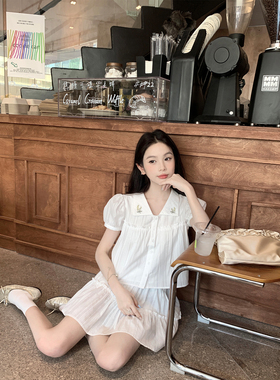 珍珍家夏季清新甜美白色纯棉刺绣衬衫半裙两件套泡泡袖初恋套装女