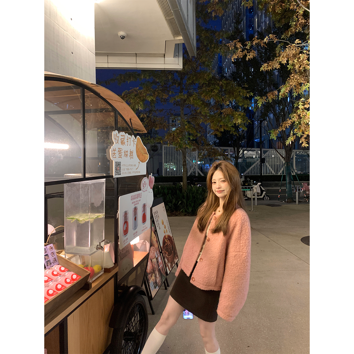 珍珍家粉黛菲琳圆领气质小个子外套浪漫小羊毛卷粗花呢小香羽绒服