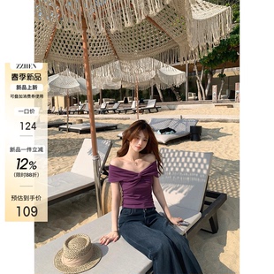 Zzhen3.23 扭结褶皱蝴蝶结上衣 高阶温柔感 一字肩纯欲T