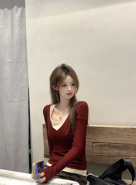 珍珍家微醺小妲己微露锁骨纯欲显瘦撞色设计感假两件上衣百搭打底