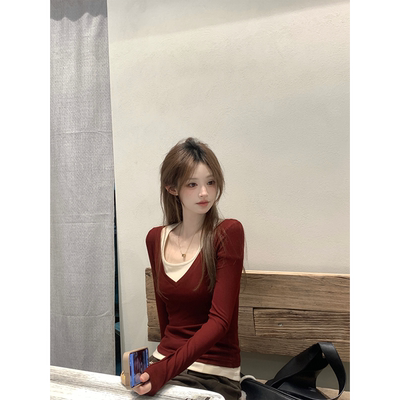 珍珍家微醺小妲己微露锁骨纯欲显瘦撞色设计感假两件上衣百搭打底