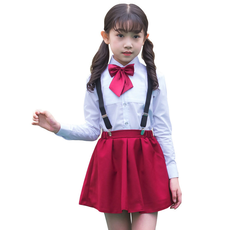 女童衬衫背带短裙领花演出套装红儿童百褶半身裙中大童格子校服裙