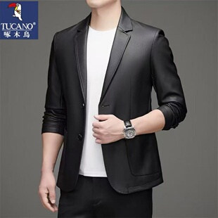 皮夹克商务 外套男2026两粒扣修身 啄木鸟皮衣男皮西服春秋男士 西装