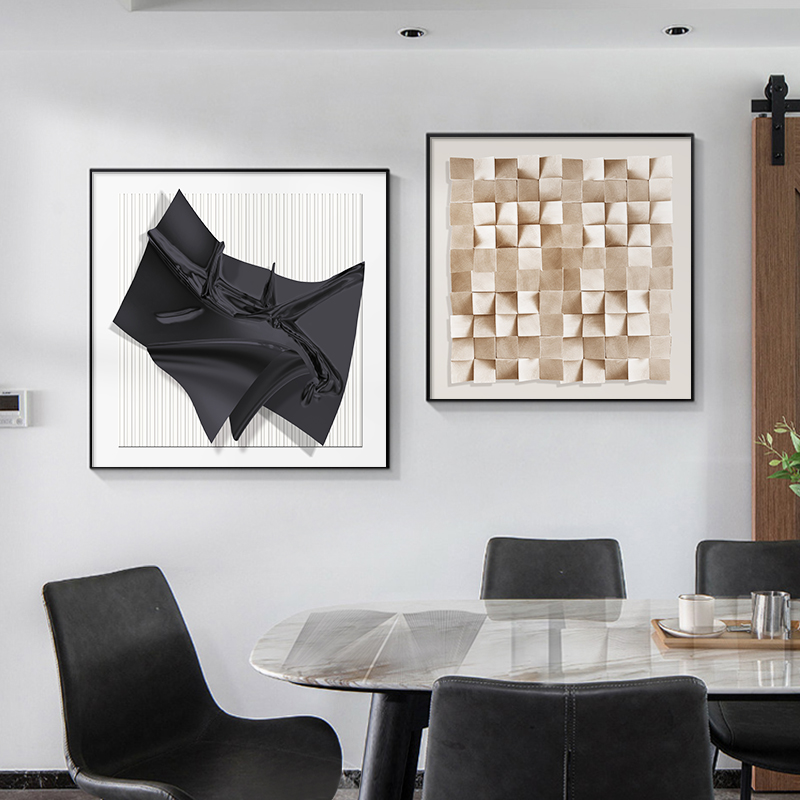 正方形餐厅装饰画现代简约客厅两联挂画高级3d立体感饭厅墙面壁画图片
