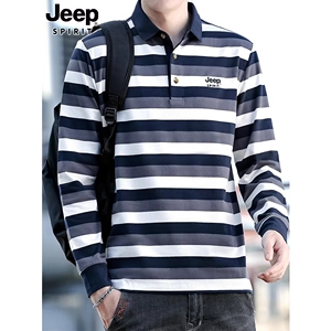 JEEP吉普条纹长袖t恤男士秋季宽松翻领打底上衣爸爸装纯棉polo衫