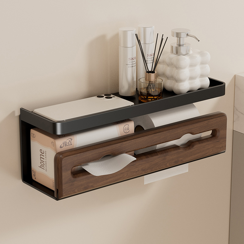 胡桃木实木免打孔抽纸卷纸纸巾盒